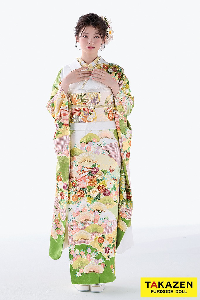 プレミアム古典　吉澤織物/文楽・人間国宝　吉田蓑助の世界 　最高級金彩手描友禅　白/黄緑　かわいらしい　上品　南琴奈　26030