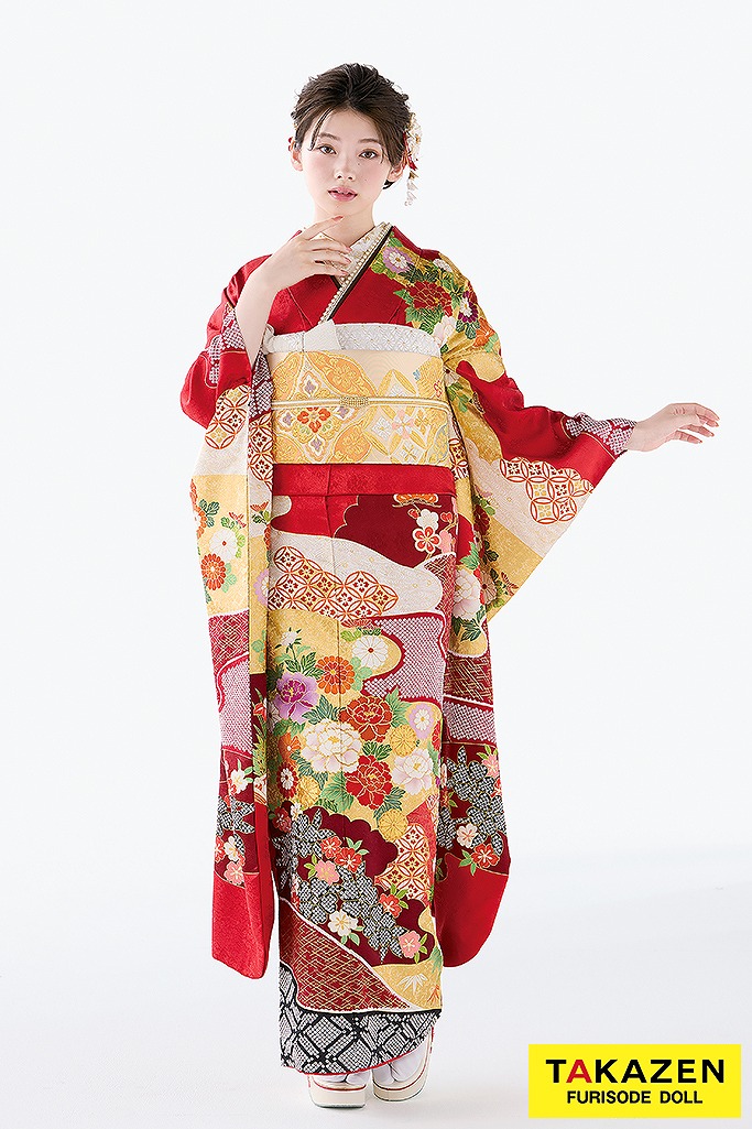 プレミアム古典　吉澤織物/逸品　最高級染繍桶絞り友禅 　赤　牡丹柄　上品な振袖　綺麗　南琴奈　26031