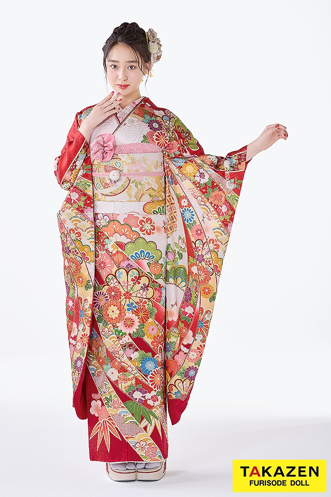 プレミアム古典　吉澤織物/吾妻徳穂　踊りの世界 最高級金彩手描き友禅　赤　熨斗柄　清楚な振袖　綺麗　藤岡舞衣　26032