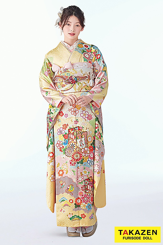 最高級古典柄振袖　吉澤織物/吾妻徳穂　黄色/ピンク　御所車柄/雲取り　上品　はんなり　かわいい　やわらかい印象　南琴奈　25043