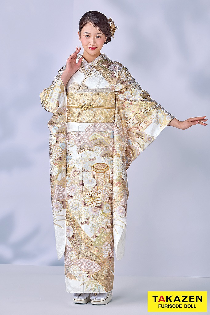 最高級古典柄振袖　関芳/最高級金彩刺繍友禅　白/金　レース　上品　正絹　桂由美　透明感のある振袖　天翔愛　26036