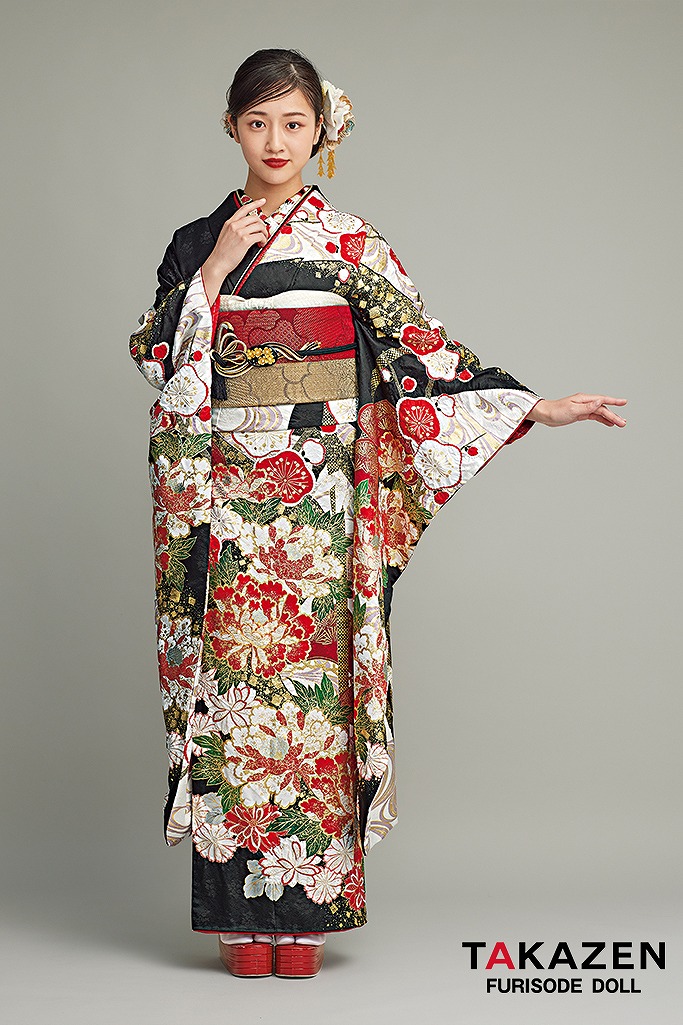 最高級古典柄振袖　滝泰/最高級金彩刺繍絞り友禅　黒/白/赤　牡丹柄　かっこいい　大人っぽい　綺麗　豪華　天翔愛　25053