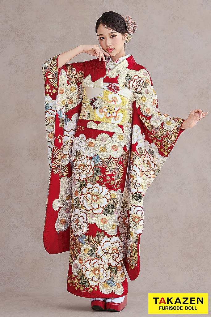プレミアム古典　滝泰/最高級金彩刺繡絞り友禅　赤　牡丹柄　王道　清楚な振袖　綺麗　高級　天翔天音　26041