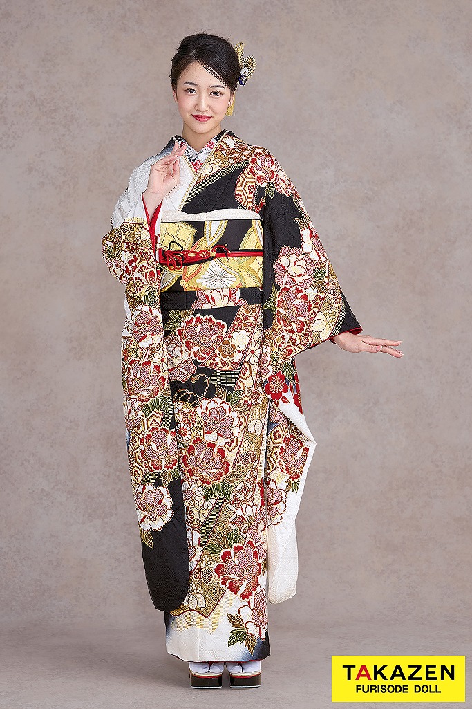 最高級古典柄振袖　滝泰/最高級金彩刺繍絞り友禅　黒/白　牡丹柄　かっこいい　大人っぽい　絞り　天翔愛　26043