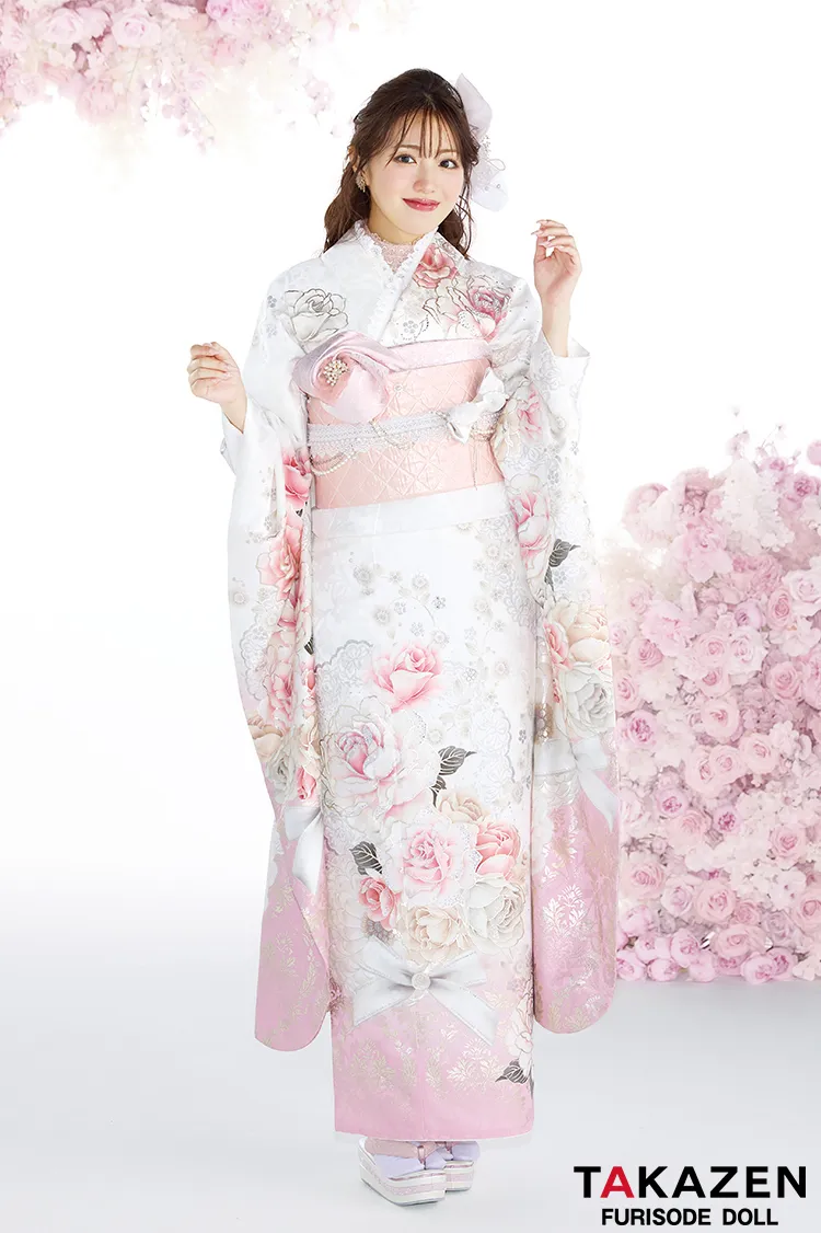 ヘップバーンコスメカラー　白/ピンク　薔薇柄　かわいい　スワロフスキー/パール付き　ガーリー　キルティング帯　香音　おしゃれ振袖ネットレンタル26001