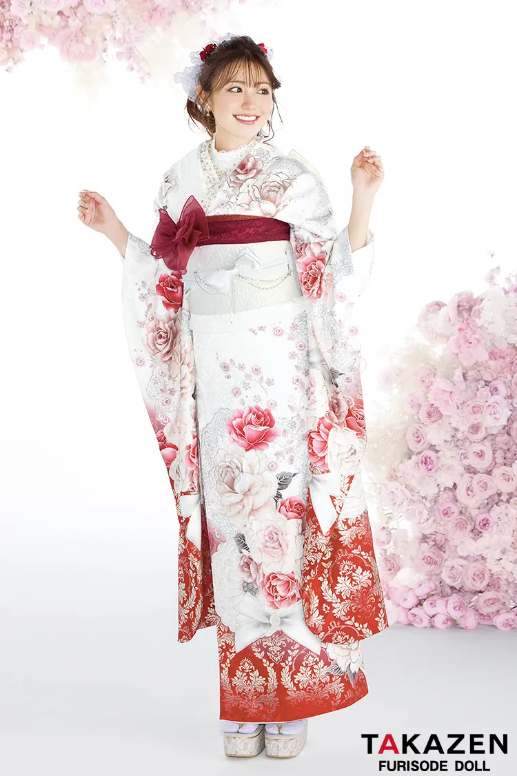 ヘップバーンコスメカラー　白/赤　バラ柄　キラキラ　スワロフスキー/パール付き　おしゃれ　一番かわいい　キルティング帯　リボンコーデ振袖ネットレンタル　香音　26003