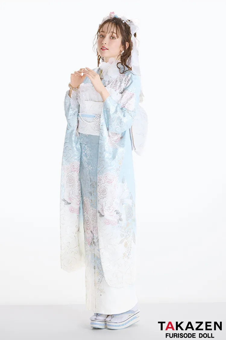 最新作ヘップバーンローズ　水色/ピンク　バラ柄　一番かわいい　きれいめ　レースインナー　洋風　ガーリー　透明感　キラキラスワロフスキー付き振袖ネットレンタル　周防ジゼル　27012