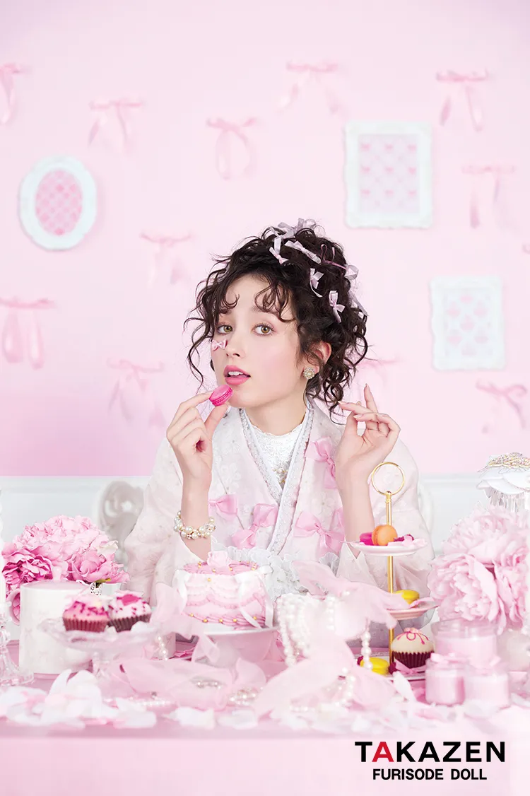 最新作ヘップバーンキュート　ピンク　リボン付き　オーガンジー/レース　一番かわいい　ガーリー　レースインナー　洋風　姫系振袖ネットレンタル　周防ジゼル　27013