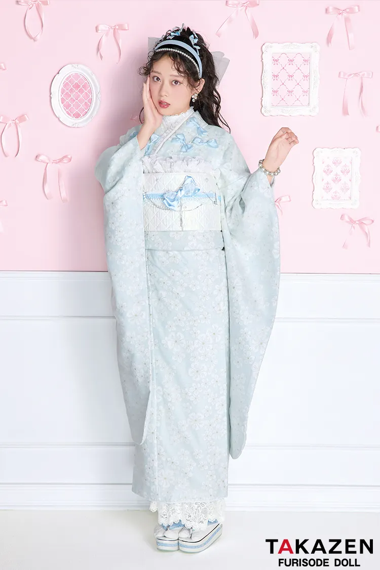 最新作キュート＆ガーリー　水色　リボン付き　オーガンジー/レース　一番かわいい　レースインナー　洋風　姫系振袖ネットレンタル　佐藤不二子　27014