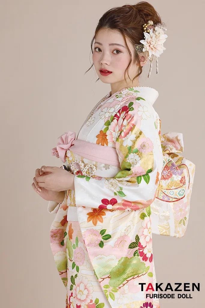 正統派古典　白/ピンク　御所車柄/牡丹柄　吉澤織物/最高級金彩手描友禅　上品　きれいめ　かわいい　清楚　柄小さめ振袖ネットレンタル　南琴奈　25057