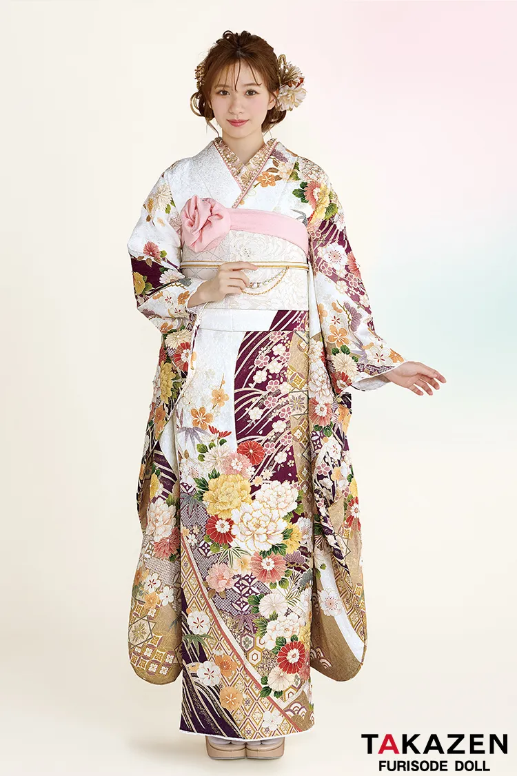最新作正統派古典　白地/紫　牡丹柄/鹿の子模様　大人っぽい　綺麗　上品　華やか　清楚系振袖ネットレンタル　白宮みずほ　27023