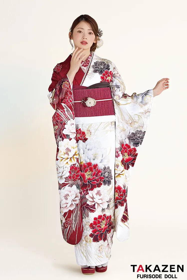 最新作正統派古典　白赤　牡丹柄/大柄　大人っぽい　きれいめ　上品　豪華　清楚系振袖ネットレンタル　南琴奈　27024
