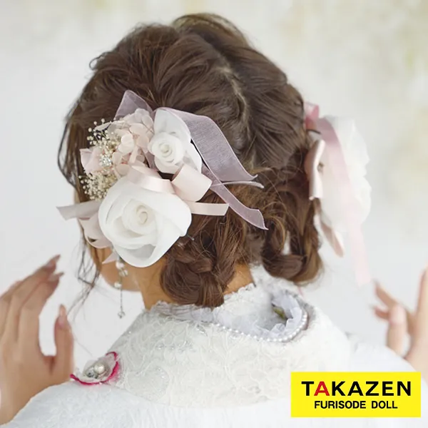 カメリア風髪飾り　白ピンク　シフォン素材　かわいい　使いやすい　オシャレな成人式卒業式髪飾り通販　order46