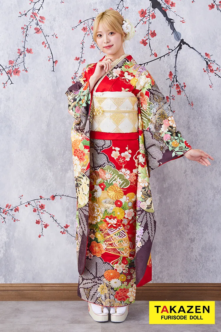 格安！正統派古典　赤/黒/ゴールド(金色)　牡丹柄/扇柄　大人っぽい　豪華　きれいめ　安い振袖ネットレンタル　32062