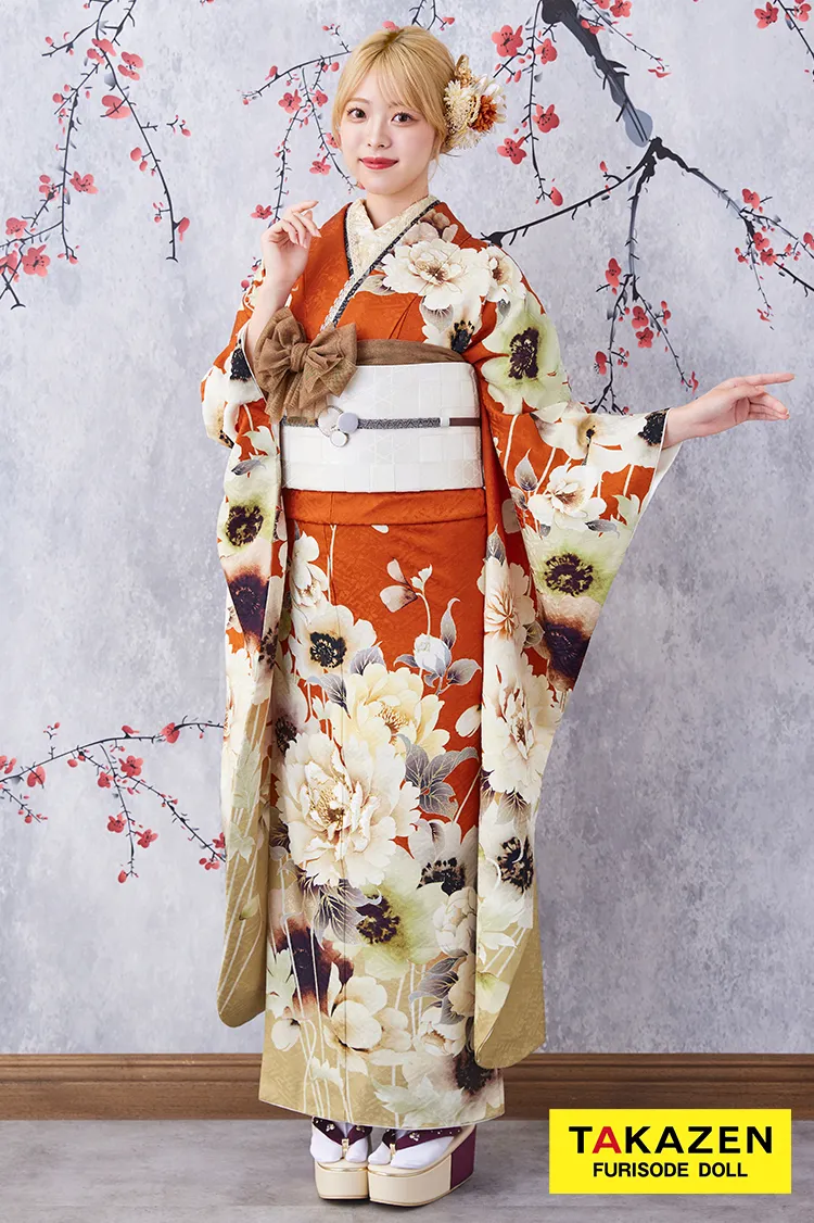 安い！お得にレンタル　九重×中村里砂ブランド振袖　テラコッタ　人と被らない　華やか　目立つ　おしゃれ振袖ネットレンタル　　K388