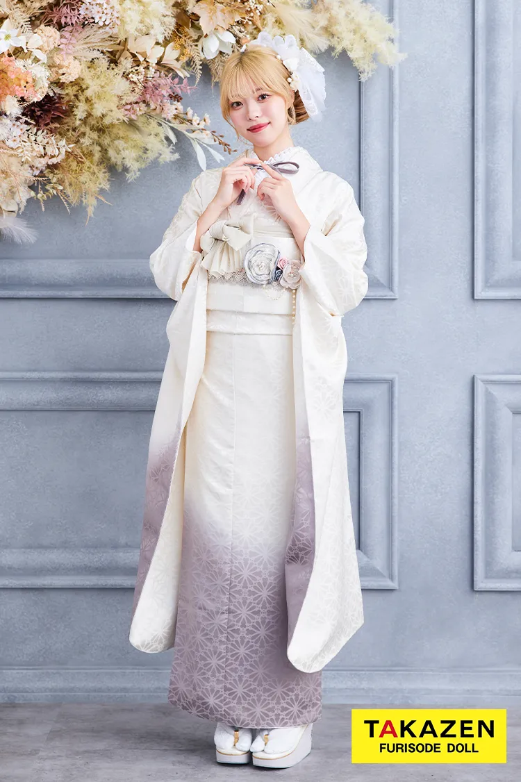 安い！くすみカラーエレガント　白/グレー/ニュアンスカラー　九重×中村里砂ブランド振袖ネットレンタル　シンプル　無地振袖 　グラデーション　24016