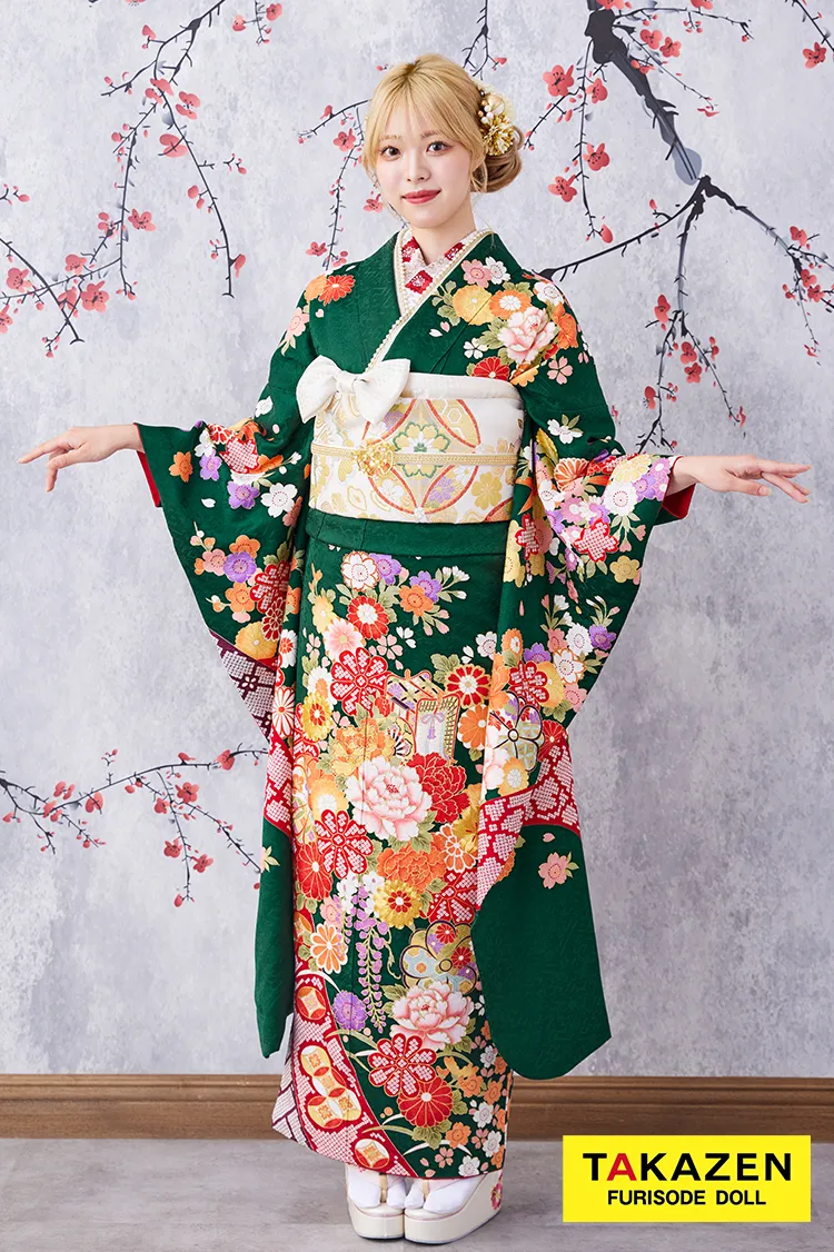 激安お得！正統派古典　緑色/赤/グリーン　辻が花/御所車　王道　おしとやか　清楚振袖　大人っぽい　32079