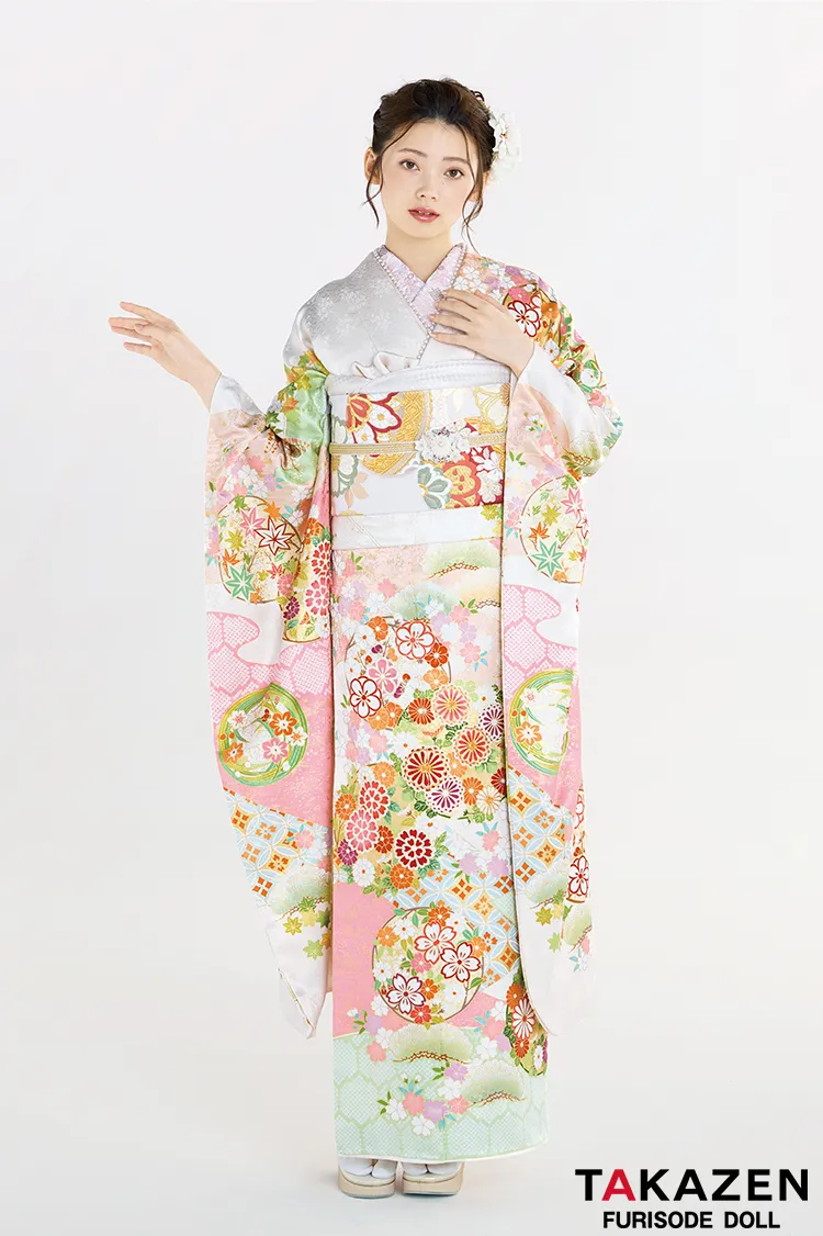 最新作プレミアム古典　白ピンク/白地　菊柄/鹿の子模様　吉澤織物　文樂・人間国宝吉田蓑助の世界　かわいい　透明感のある振袖ネットレンタル　上品　南琴奈　27037