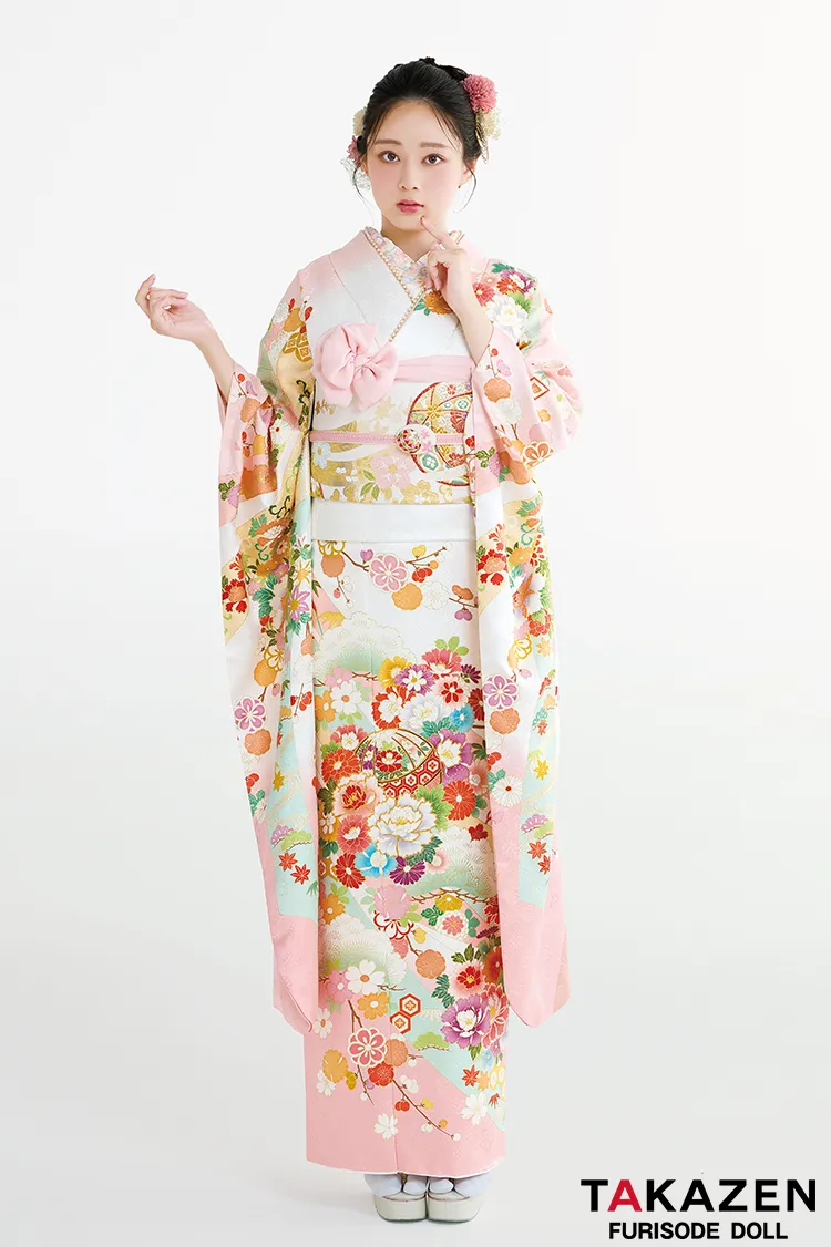 最新作プレミアム古典　白ピンク/白地　菊柄/鹿の子模様　吉澤織物　吉祥の晴れ着田中優子の世界　かわいい　はんなり　上品な振袖ネットレンタル　佐藤不二子　27038