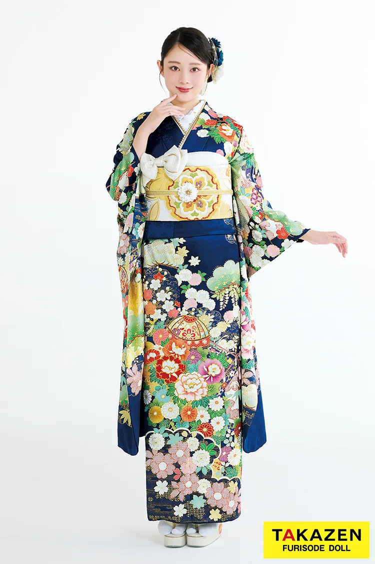 最新作プレミアム古典　紺色/ブルー　吉澤織物　毬柄/牡丹柄　吉祥の晴れ着田中優子の世界　かわいらしい振袖ネットレンタル　上品　佐藤不二子　27039