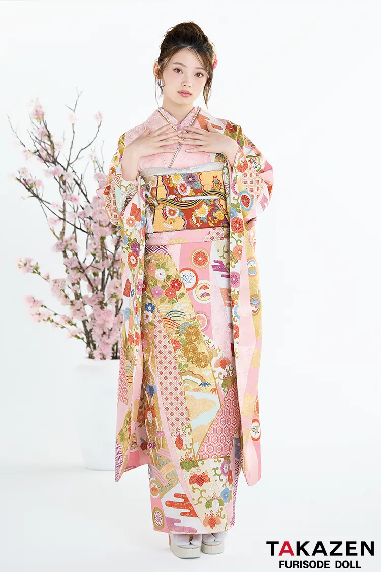 高級古典　吉澤織物　ピンク　熨斗柄/最高級手描き友禅　かわいい振袖ネットレンタル　上品　はんなり　着物　南琴奈　26025