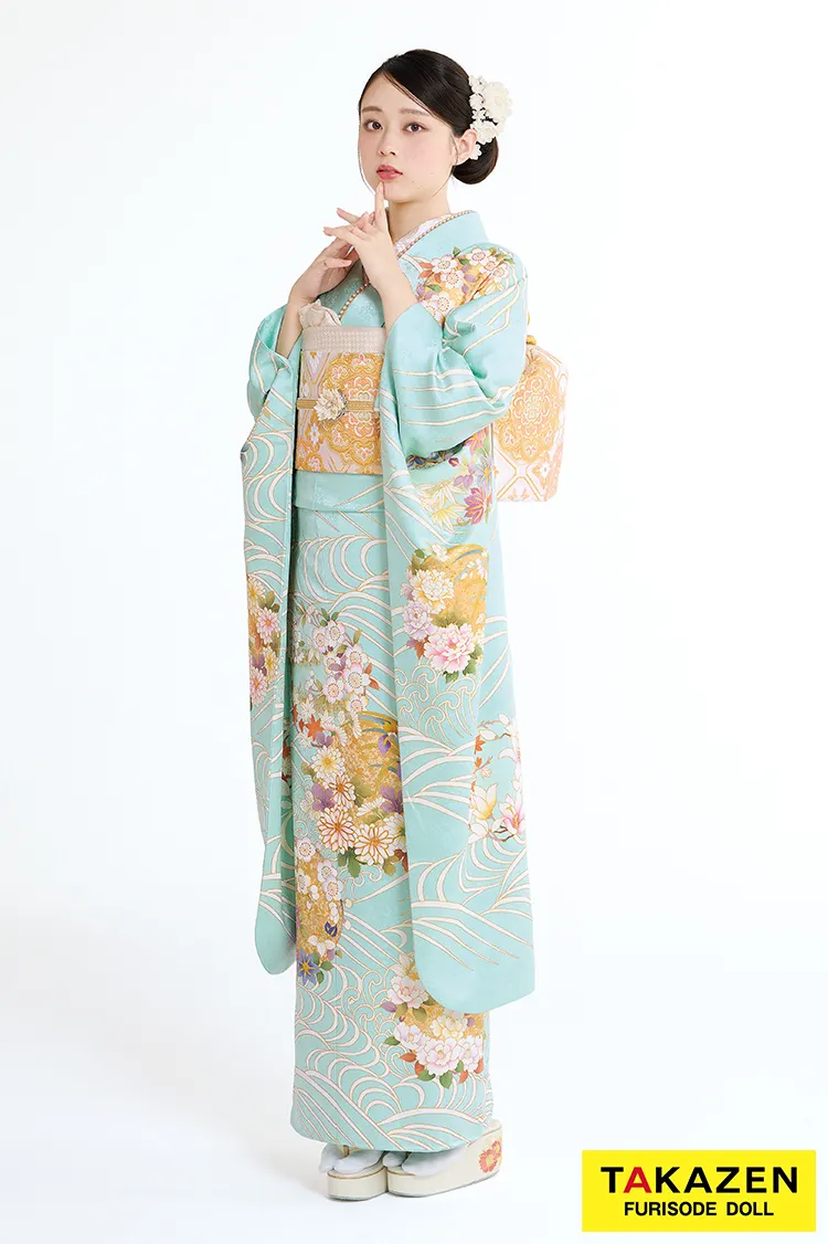 プレミアム古典　吉澤織物/最高級金彩手描友禅　水色　さわやか　綺麗　透明感のある振袖ネットレンタル　高級古典　佐藤不二子　23022