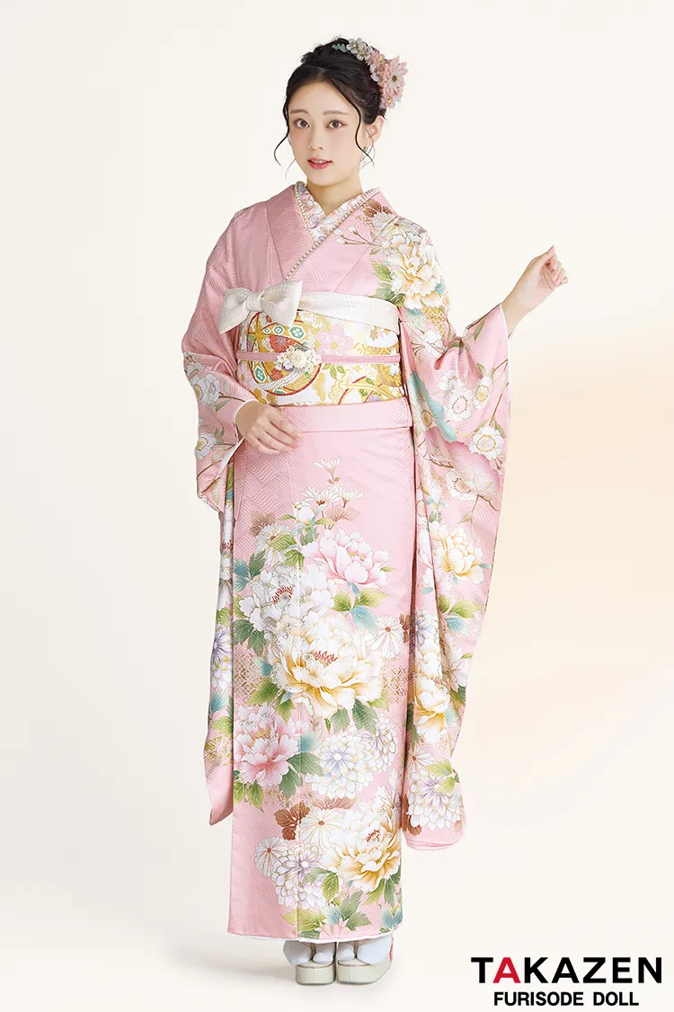最新作正統派古典　ピンク/淡い色　牡丹柄/松柄　かわいい　おしとやか　品のある振袖ネットレンタル　綺麗　佐藤不二子　27029