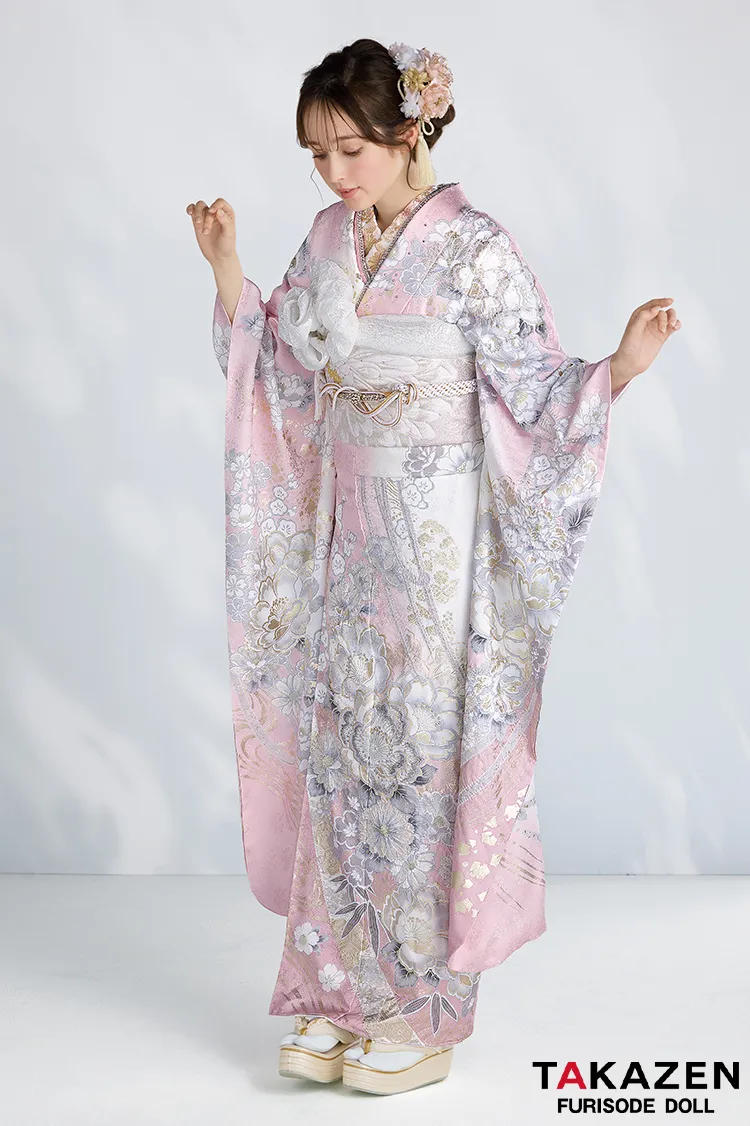 最新作高級古典　ピンク/白　和柄　関芳　最高級金彩刺繍絞り友禅　スワロフスキー付き　キラキラ　かわいい　青みピンク振袖ネットレンタル　周防ジゼル　27047