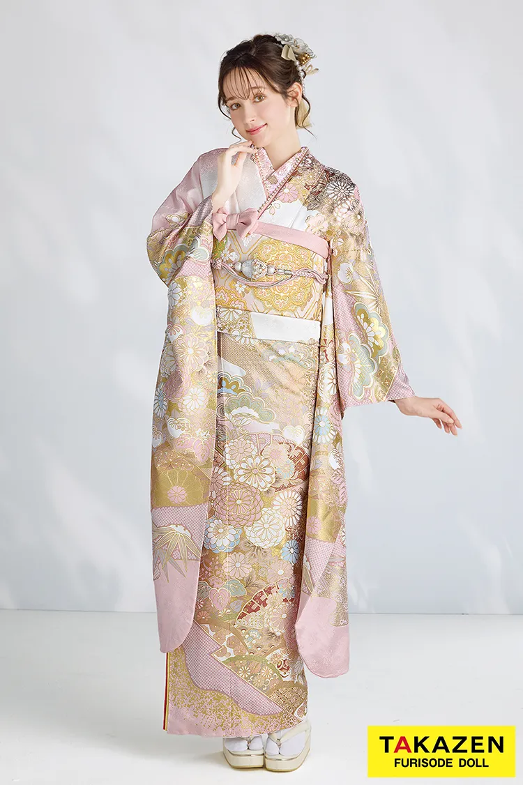 最新作プレミアム古典　ピンク/白　菊柄/鹿の子　関芳　最高級金彩刺繍絞り友禅　はんなり　美しい　かわいい振袖ネットレンタル　周防ジゼル　27048