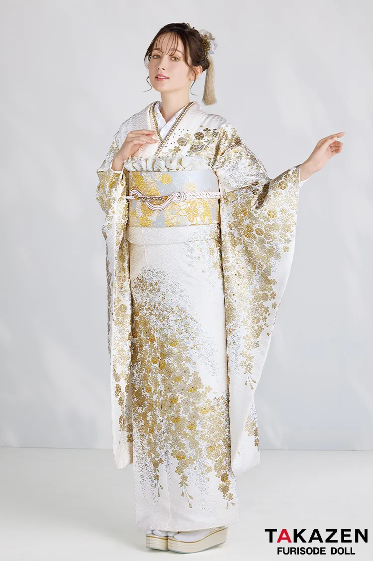 最高級古典柄振袖　関芳/最高級金駒金彩刺繍友禅　白金　桜柄　キラキラ　上品　正絹　スワロフスキー付き　透明感のある振袖ネットレンタル　周防ジゼル　24039