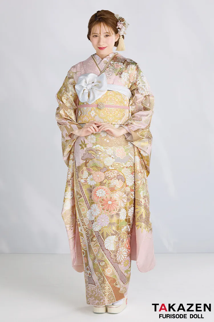 最新作プレミアム古典　ピンク/白　毬柄/鹿の子　関芳　最高級金彩刺繍絞り友禅　かわいらしい　フリソデドールオリジナル振袖ネットレンタル　白宮みずほ　27049