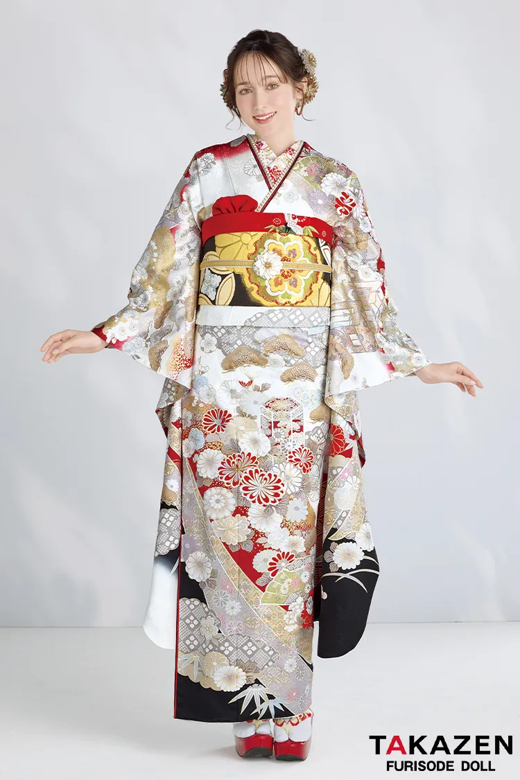 最新作プレミアム古典　白地/赤　　関芳　最高級金彩刺繍絞り友禅　かっこいい　大人っぽい　フリソデドールオリジナル振袖ネットレンタル　周防ジゼル　27050