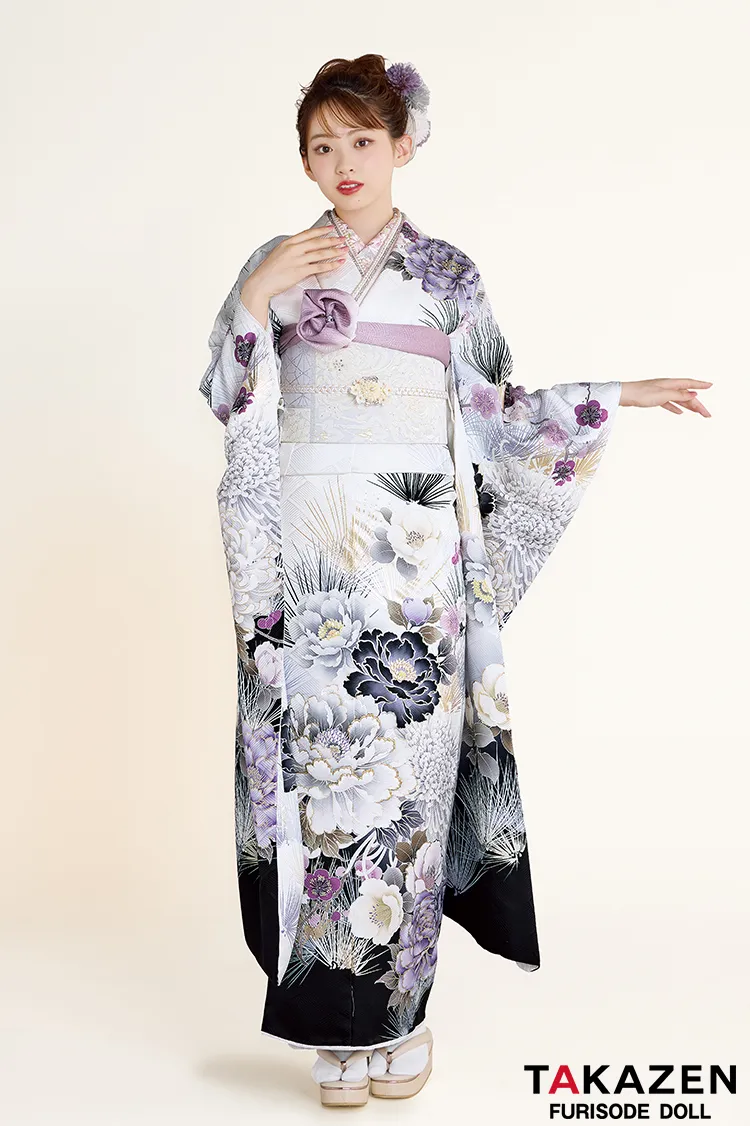 最新作正統派古典　白紫　牡丹柄　大人っぽい　きれいめ　透明感　品のある振袖ネットレンタル　上品　村上なずな　27030