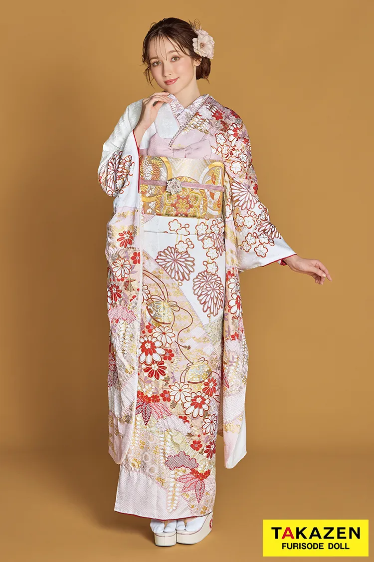 最新作プレミアム古典　白地/ピンク　滝泰　最高級金彩刺繍絞り友禅　きれいめ振袖ネットレンタル　かわいい　上品　清楚　周防ジゼル　27052