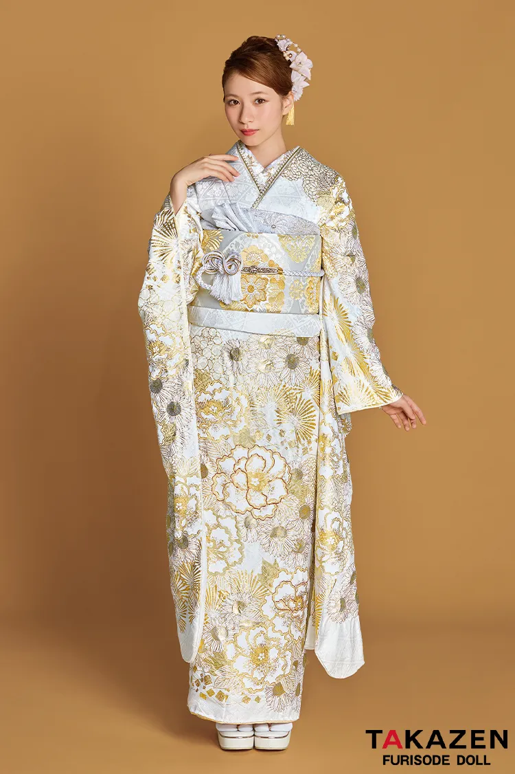最新作プレミアム古典　白金/白地　滝泰　最高級金彩刺繍絞り友禅　牡丹柄　きれいめ　かわいい　上品　清楚系振袖ネットレンタル　白宮みずほ　27053