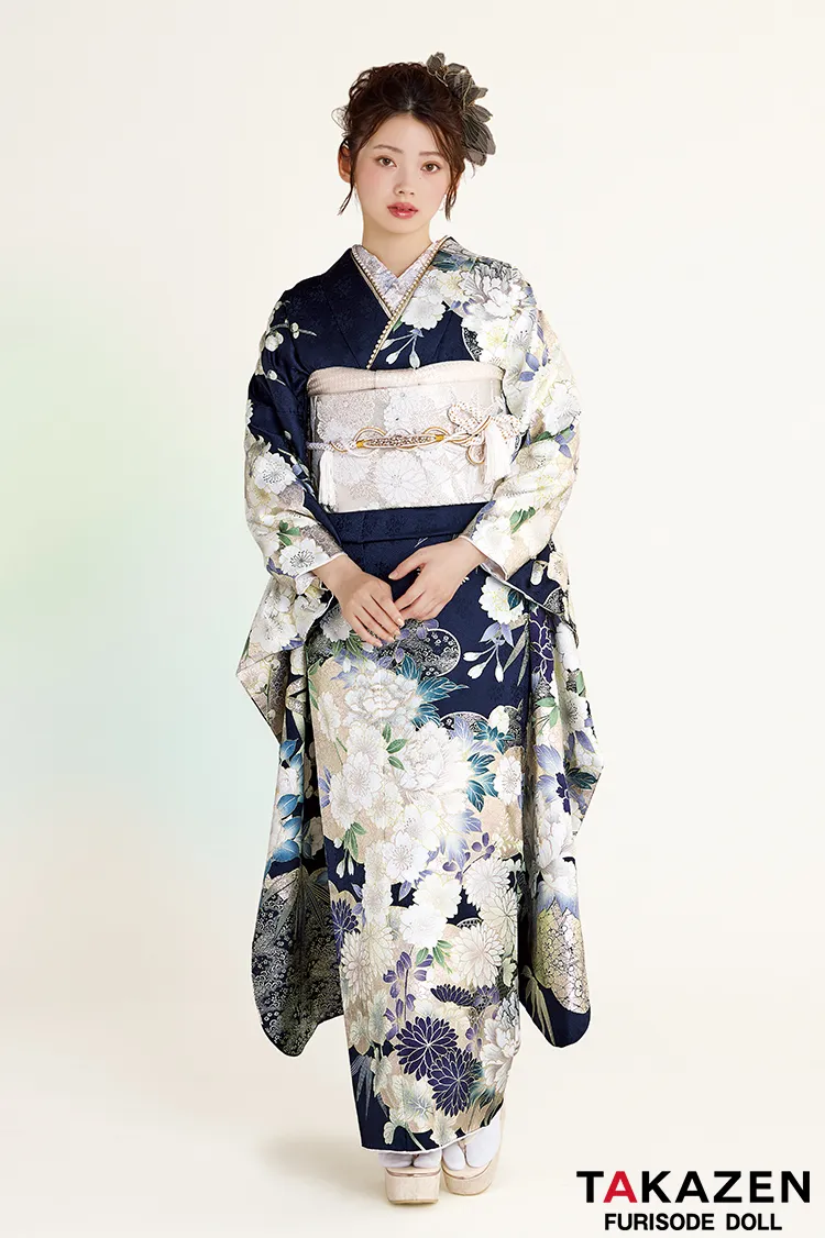 最新作正統派古典　紺色/ネイビー　菊柄　綺麗　大人っぽい　華やか　美しい振袖ネットレンタル　上品　南琴奈　27032