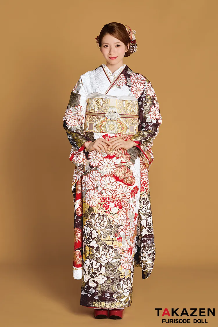 プレミアム古典柄振袖　滝泰/最高級金彩刺繍絞り友禅　赤/金　鞠柄/牡丹柄　大人っぽい　絞り振袖ネットレンタル　白宮みずほ　26040