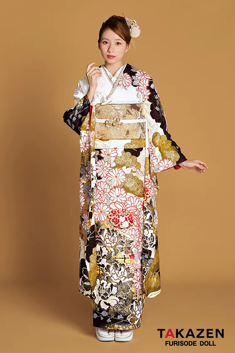 最高級古典柄振袖　滝泰/最高級金彩刺繍絞り友禅　白/金/茶　鞠柄/牡丹柄　大人っぽい　豪華　上品　天翔愛　24042