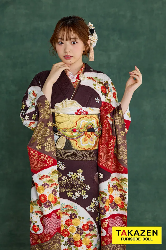 プレミアム古典　青柳/最高級金駒繍絞り手描友禅　茶色/ブラウン　柄小さめ　高級古典振袖ネットレンタル　豪華　上品　清楚　村上なずな　26050