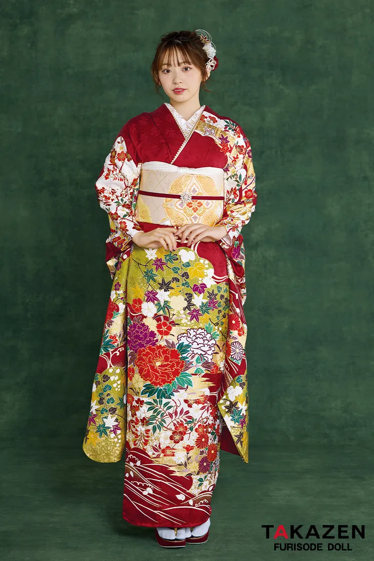 プレミアム古典　青柳/最高級金彩絞り手描友禅　エンジ　牡丹柄　大人っぽい振袖ネットレンタル　豪華　かっこいい　村上なずな　26048