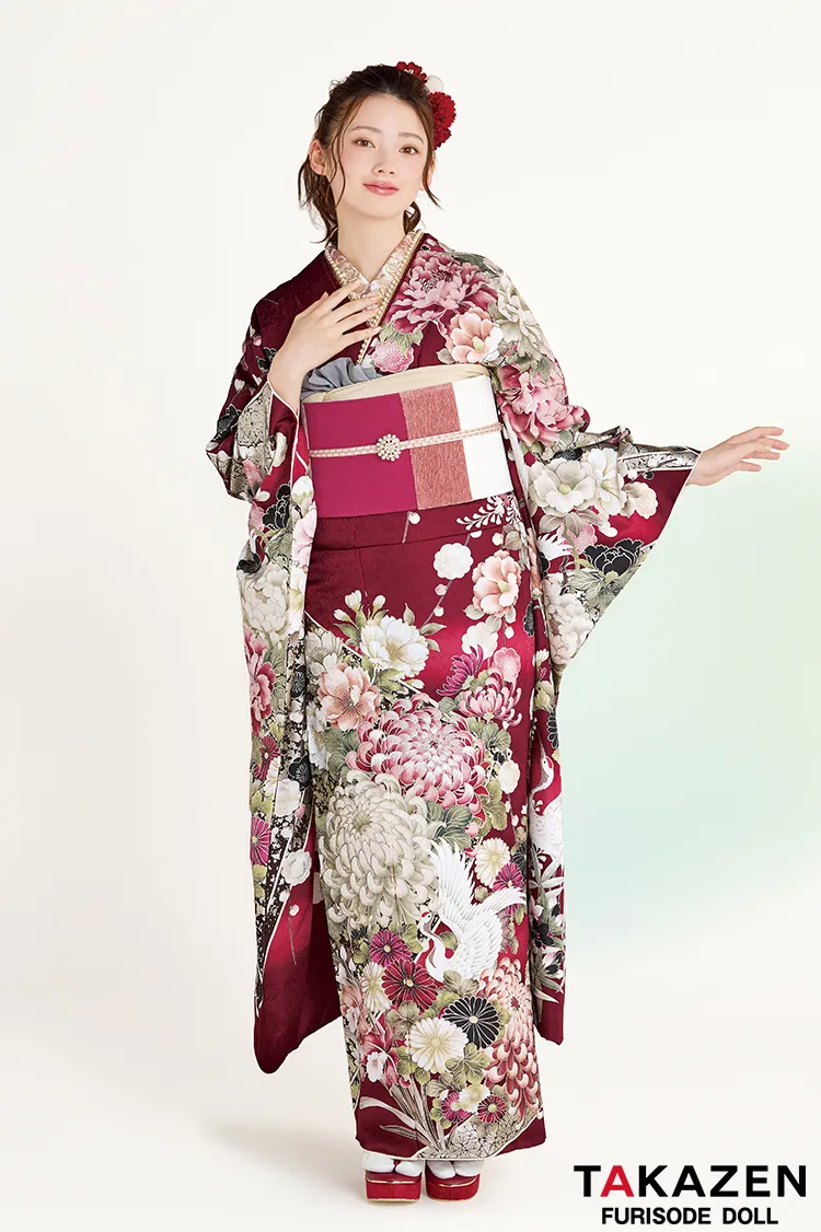 最新作正統派古典　ワインレッド/エンジ　乱菊柄/鶴柄　綺麗　おめでたい柄　華やか　きれいめ　南琴奈【通販可】27034