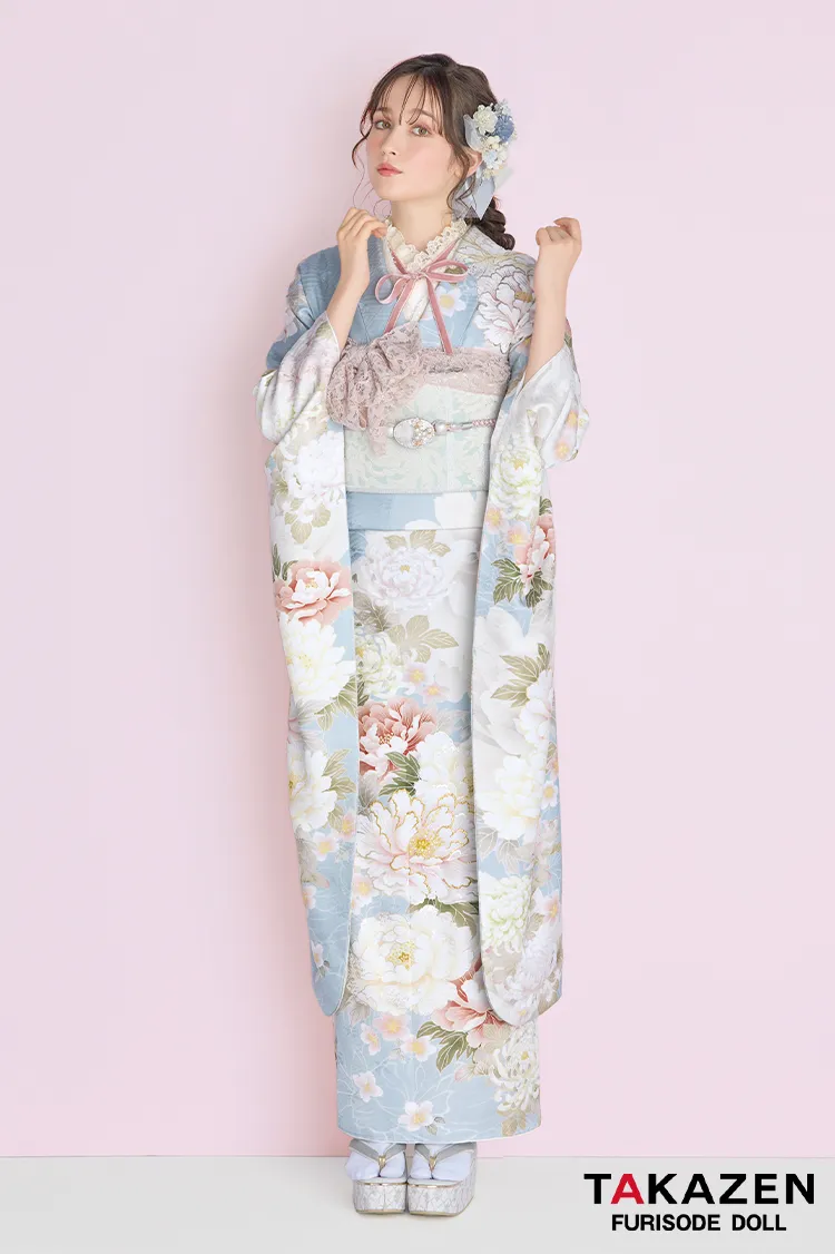 くすみカラーガーリー　水色/淡い色　牡丹柄　かわいい振袖ネットレンタル　トレンド　リボンアレンジ　周防ジゼル【通販可】26054