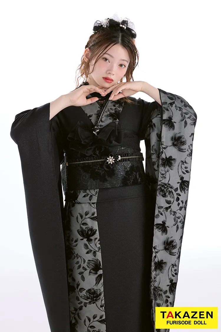 最新作ヴィンテージスタイル　黒/黒ベース　シンプル　スタイリッシュ　おしゃれ　フロッキー生地　大人っぽい振袖ネットレンタル　南琴奈　27063