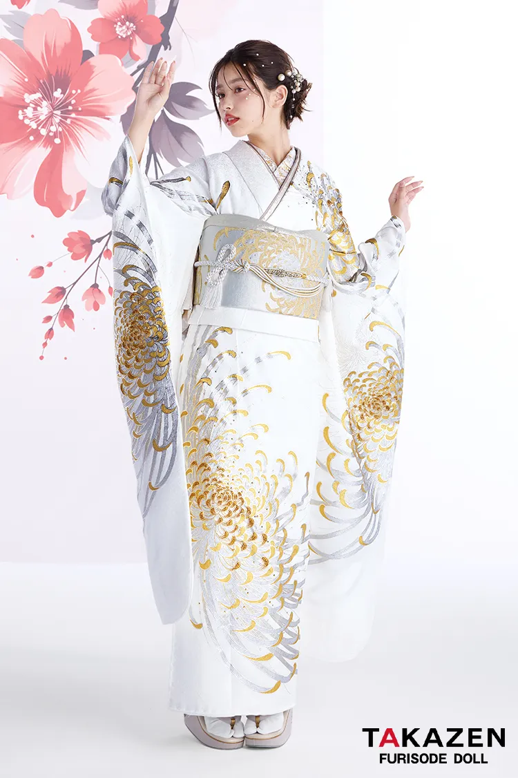 最新作粋古典　白金　乱菊柄/大柄　最高級金彩刺繍友禅　かっこいい　きれいめ　シンプル　大人っぽい　スワロフスキー付き　フリソデドールオリジナル振袖ネットレンタル　谷田ラナ　27065