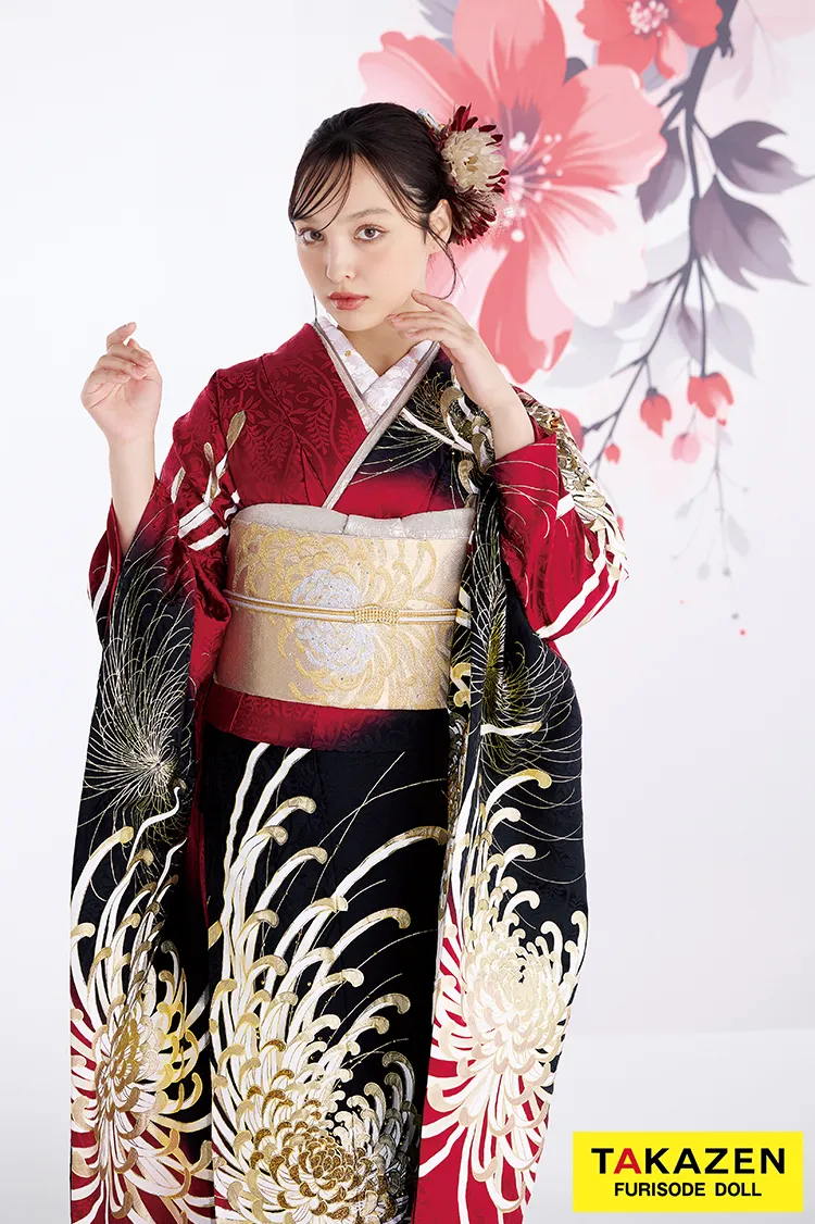 最新作粋古典　赤/ゴールド/黒　乱菊柄/大柄　最高級金彩刺繍友禅　かっこいい　大人っぽい　目立つ　スワロフスキー付き　フリソデドールオリジナル振袖ネットレンタル　香川るな　27068