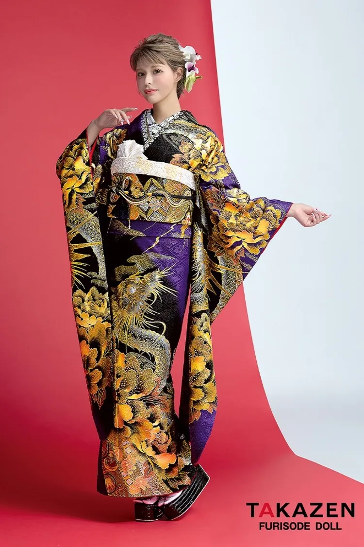 ジャパンモード　紫/黒/ゴールド(金色)　本家龍柄　渋い　派手　カッコイイ　ゴージャス　花魁風振袖　絶対目立つ振袖ネットレンタル　キラキラ　今井アンジェリカ　32136