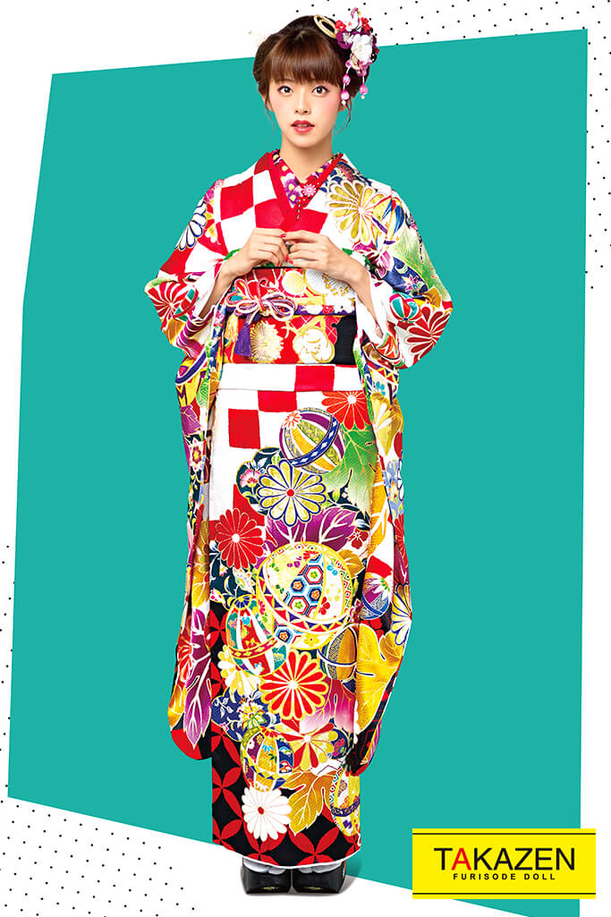 レトロ古典　赤/白/黒　毬柄/市松模様　個性的　岡重　古風振袖ネットレンタル　おしとやか　　21013