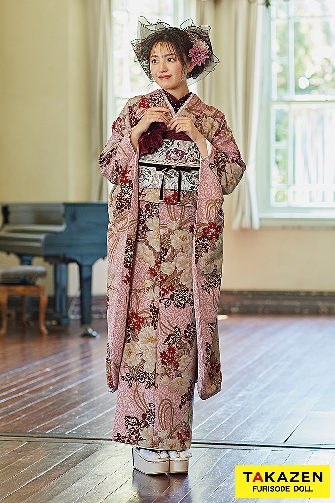 くすみカラーレトロ　ダスティーピンク/ピンクベージュ　椿柄　ガーリー　お洒落　トレンド　アンティーク調　香音ちゃん　25013