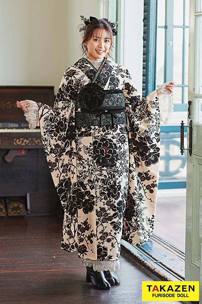 くすみカラーレトロ　ベージュ/ブラウン　牡丹柄　アンティーク調　レースインナー/足袋ブーツコーデ　香音ちゃん　23016