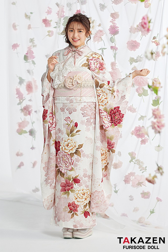 くすみカラーガーリー　白/ピンク/淡色　牡丹柄　あざとかわいい　リボン小物コーデ　香音ちゃん着用振袖ネットレンタル　25017